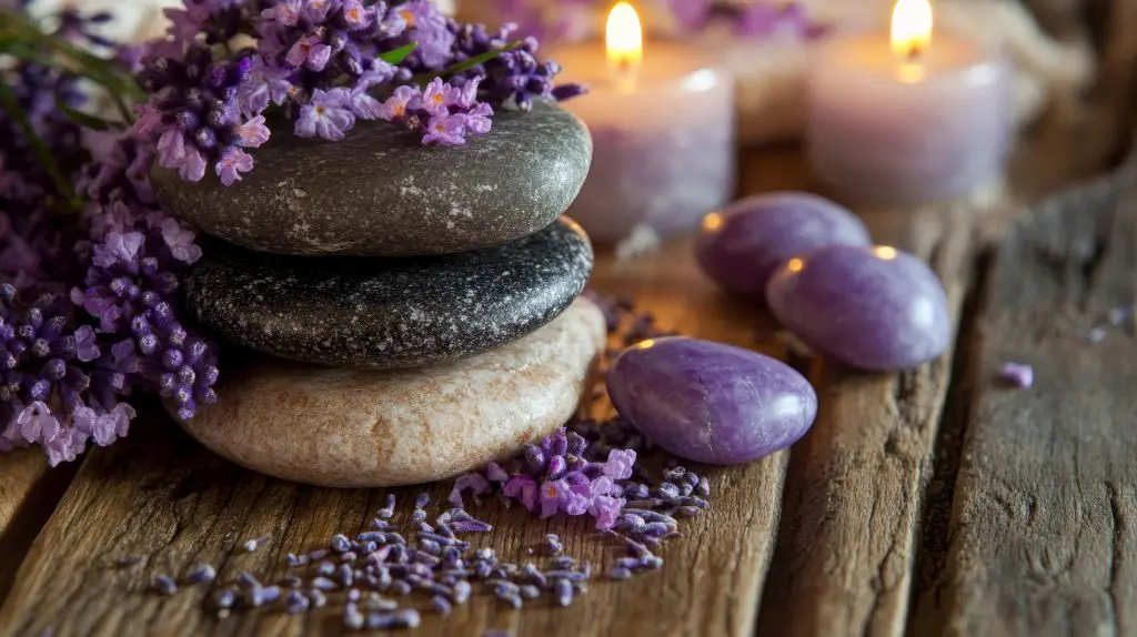 Lavender flowers and candles together with stones of different colors.