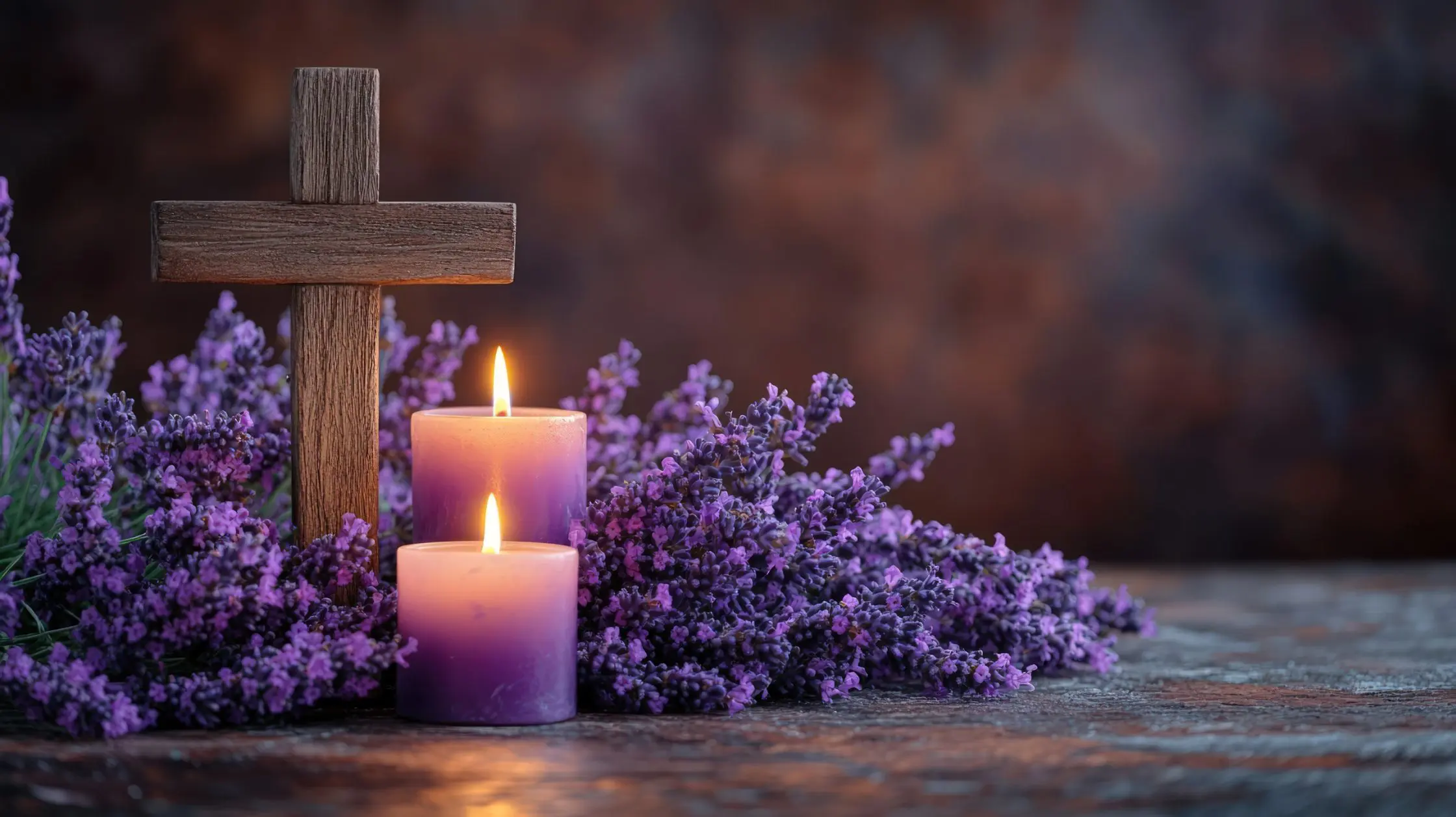 Two candles are lit beside a wooden cross and a bunch of lavender.