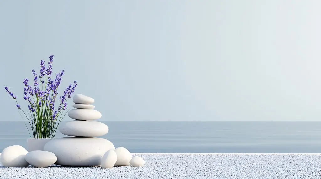A stack of white stones and a pot of lavender over white pebbles beside the ocean.