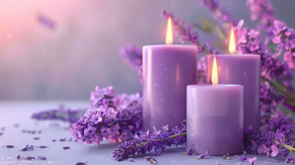 Three lavender-scented candles beside a bunch of lavender in a purple setting.