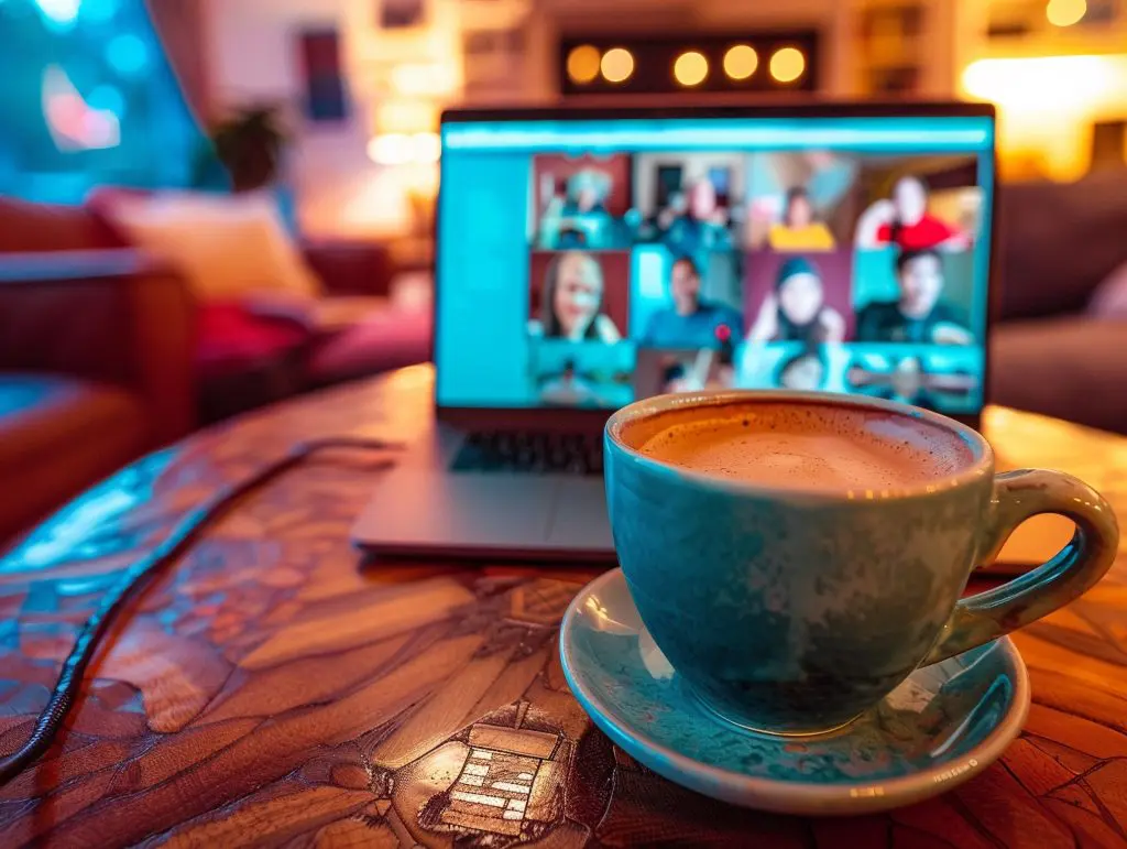 Virtual meeting in background, people sharing experiences with mug in foreground