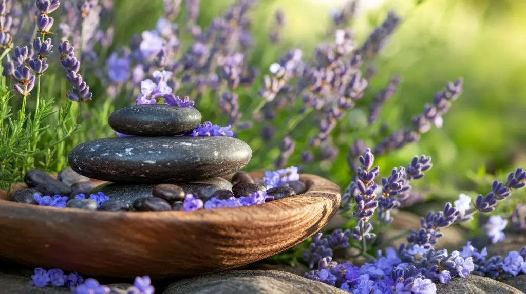 A wooden bowl with stones and lavender in a lavender field