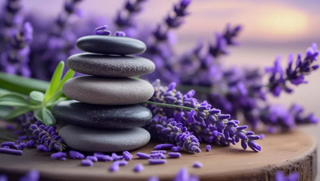 A stack of stones and a bunch of lavender on top of a chunk of wood.