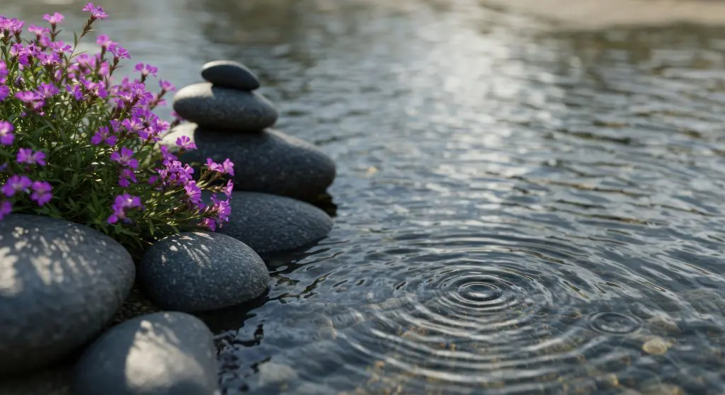 Ripples in the water by the stack of stones and some purple flowers.