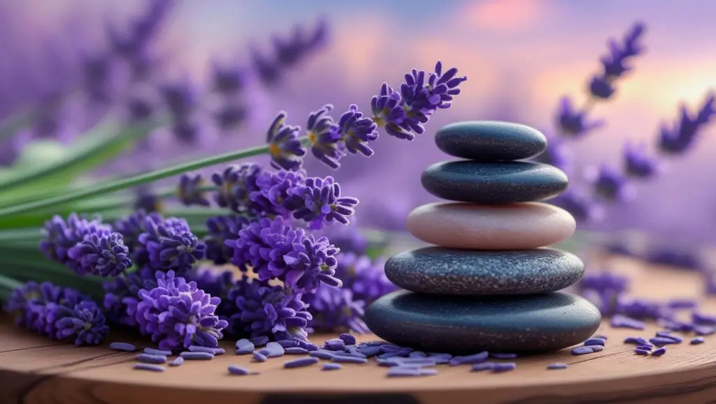 A stack of stones situated on a wooden plate together with lots of lavenders.