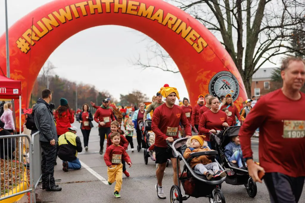 Participants begin the Kid’s Mile during the Marine Corps Marathon 10k Turkey Trot on Marine Corps Base Quantico, Virginia, Nov. 22, 2025. The MCM Turkey Trot 10k offers a final opportunity for families to come together and get their miles in before the upcoming holidays. (U.S. Marine Corps photo by Lance Cpl. David Brandes)