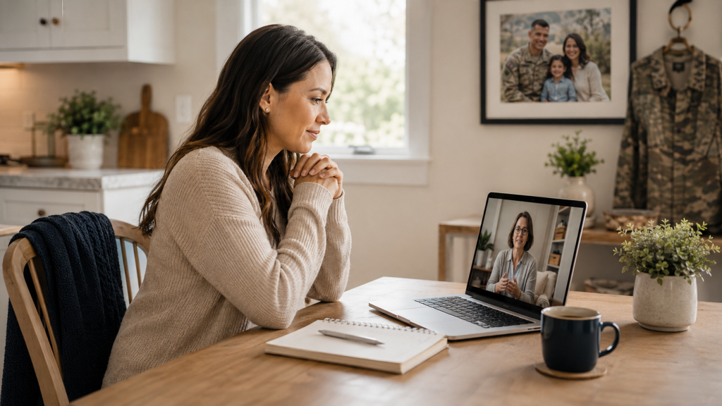 A woman speaks with another woman on a video call. A photo of her family and her husband's military uniform hang beside her.