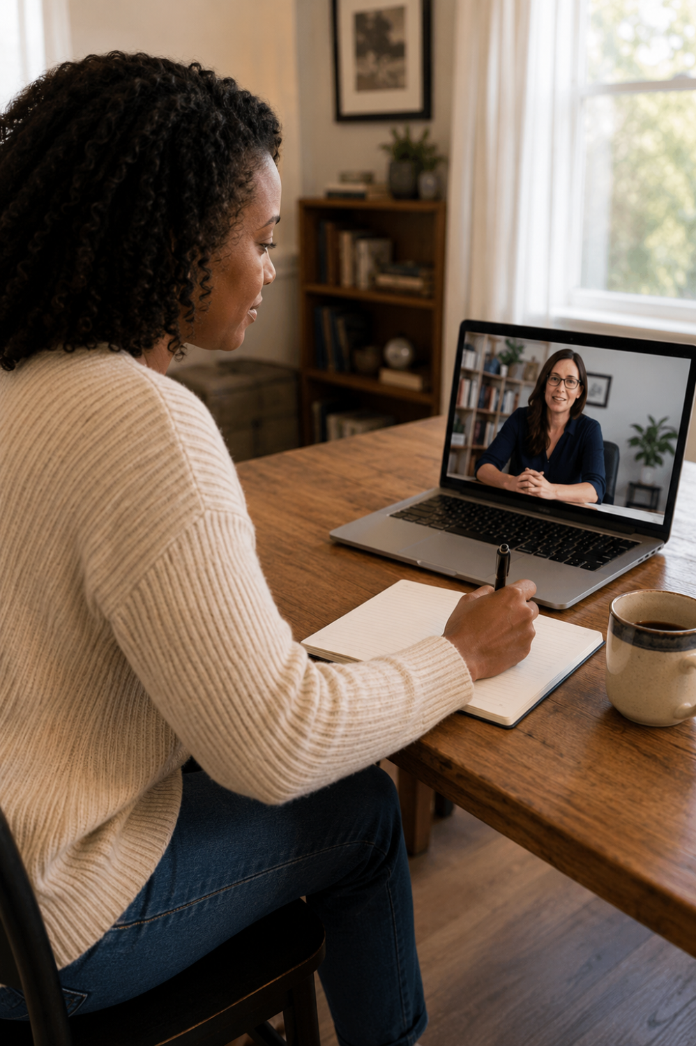 A woman speaks with another woman via a video call on her laptop as she writes in a notebook.