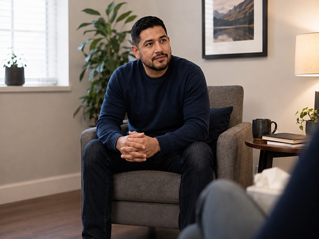 A man in a blue sweater and jeans sits in a gray chair in a therapist's office.