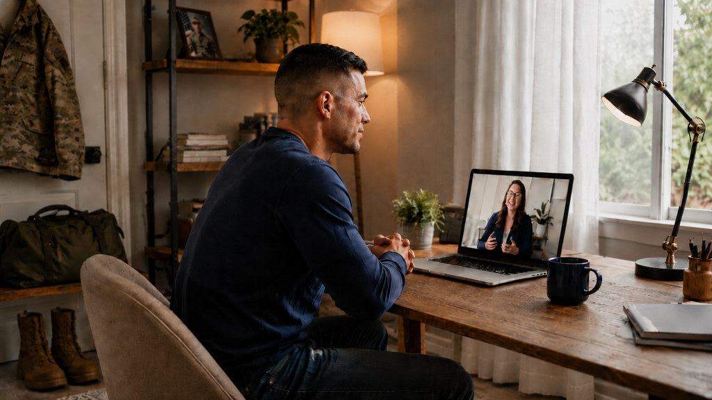 A man speaks with a woman on his laptop via video call. His military uniform is visible in the background.