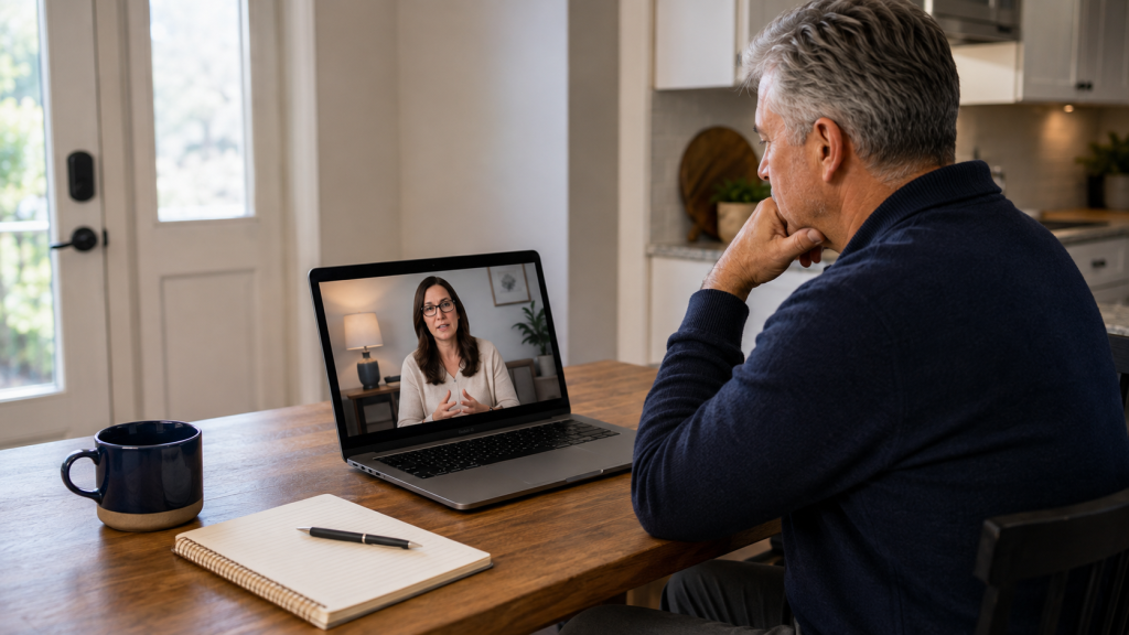 A man sits in his kitchen, talking to a woman on a video call on his laptop.