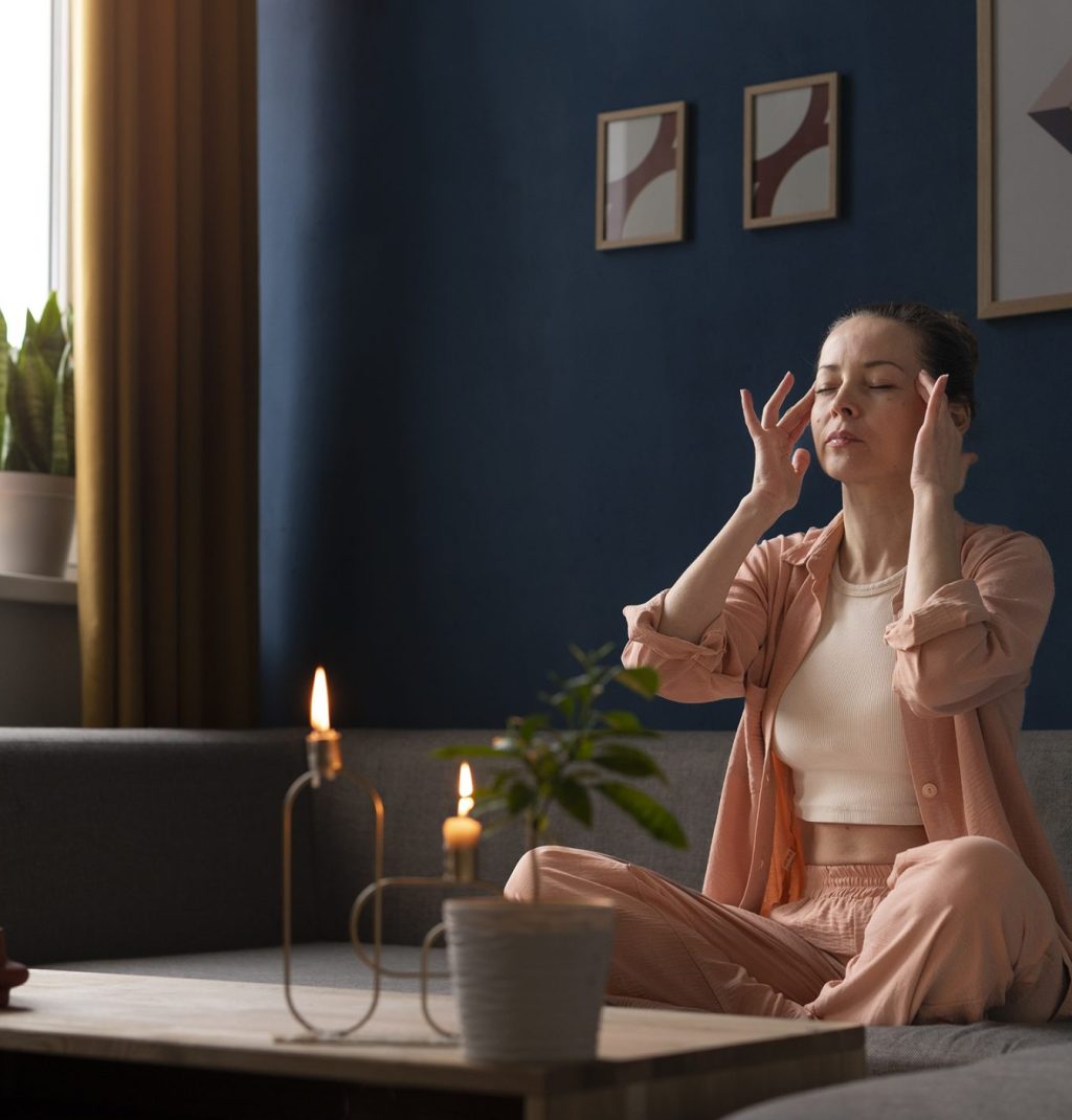 A woman meditating on her couch beside the window with two candle lit
