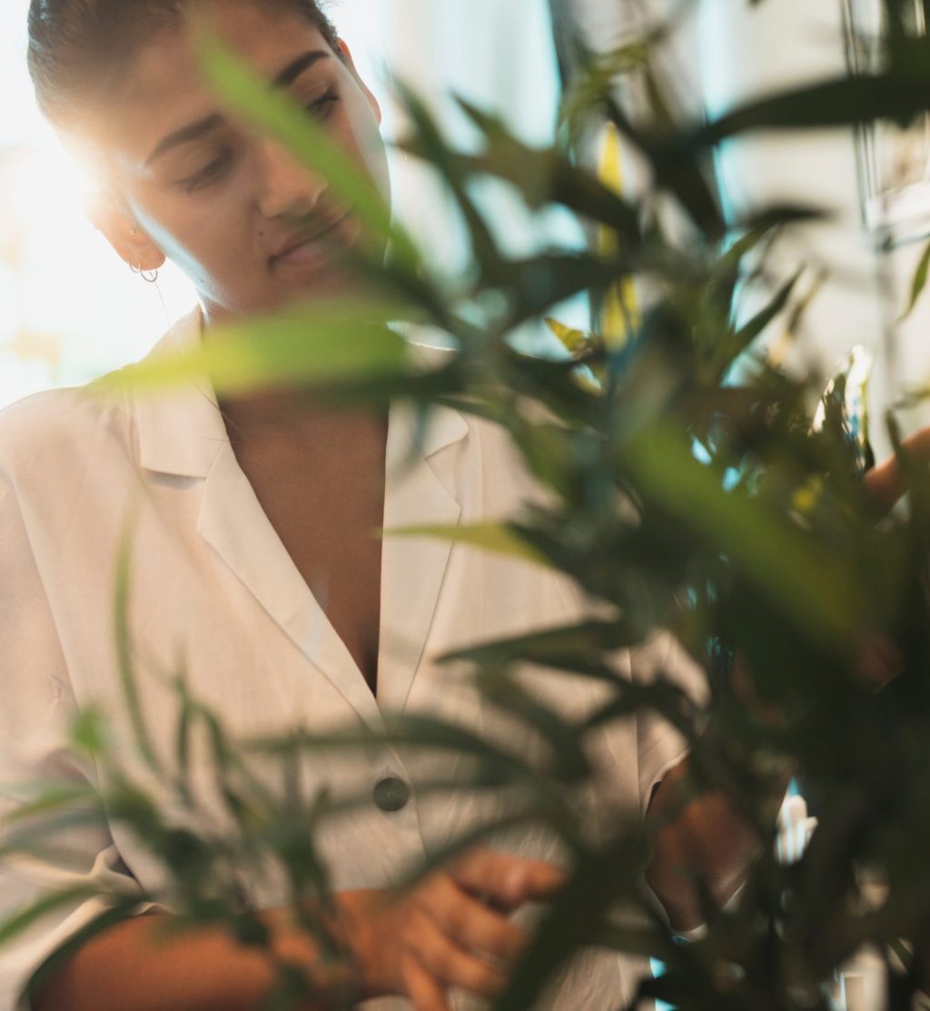 A woman a white collared button-down attempting to touch a plant