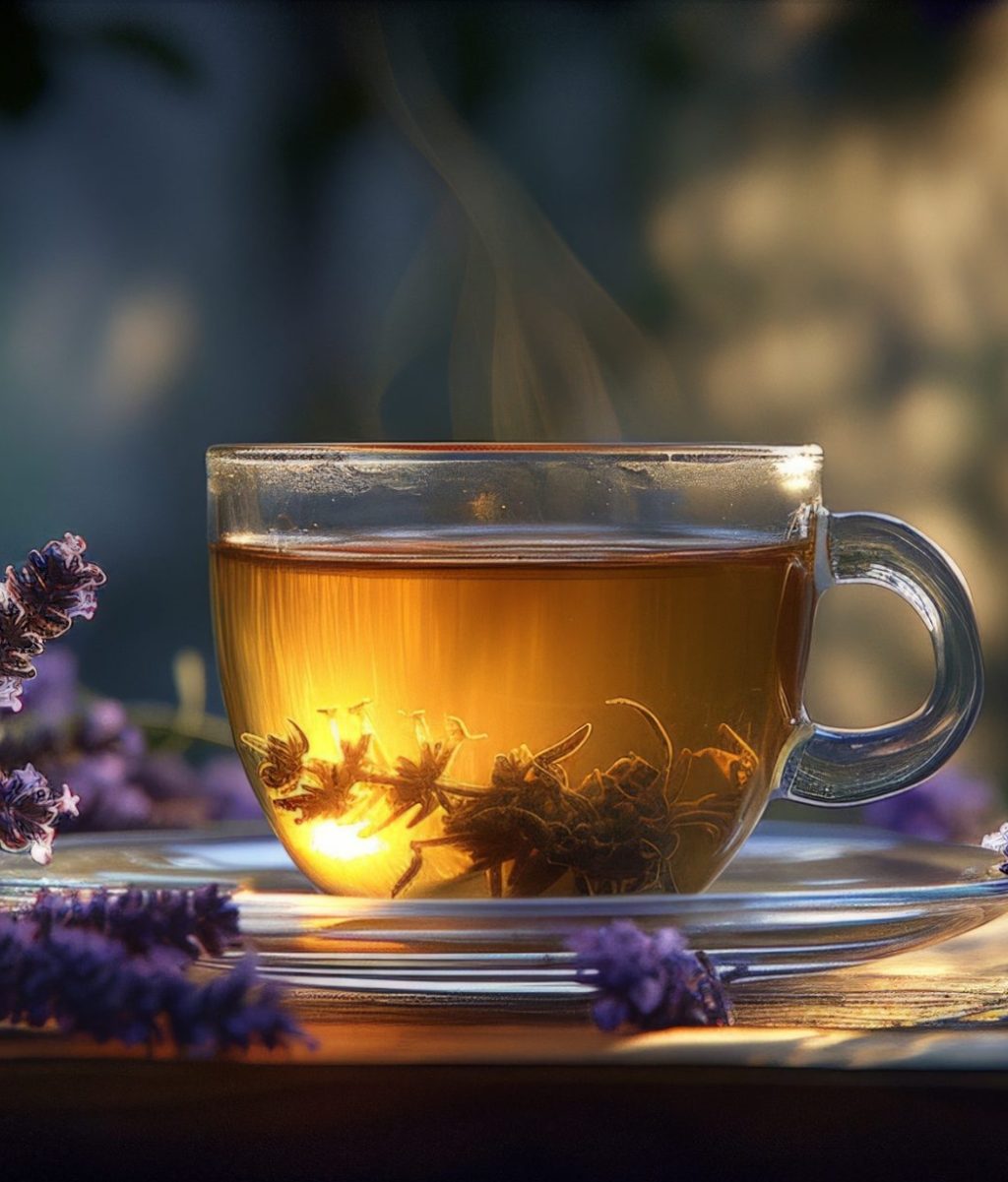A lavender tea on a glass tea cup with lavenders around it.