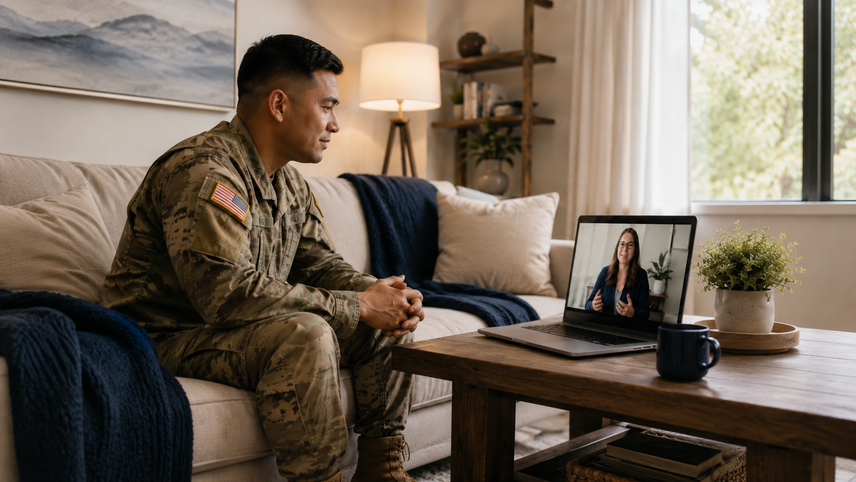 A man in a military uniform uses his laptop to have a video call with a woman in a blue cardigan.